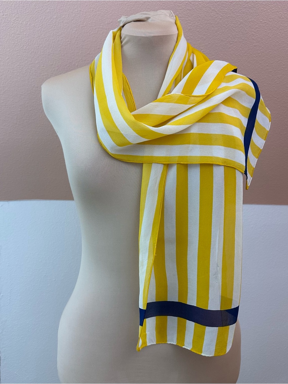 Vintage Baar & Beards 100% Silk Scarf 10” x 50” Yellow White Stripe Navy Border